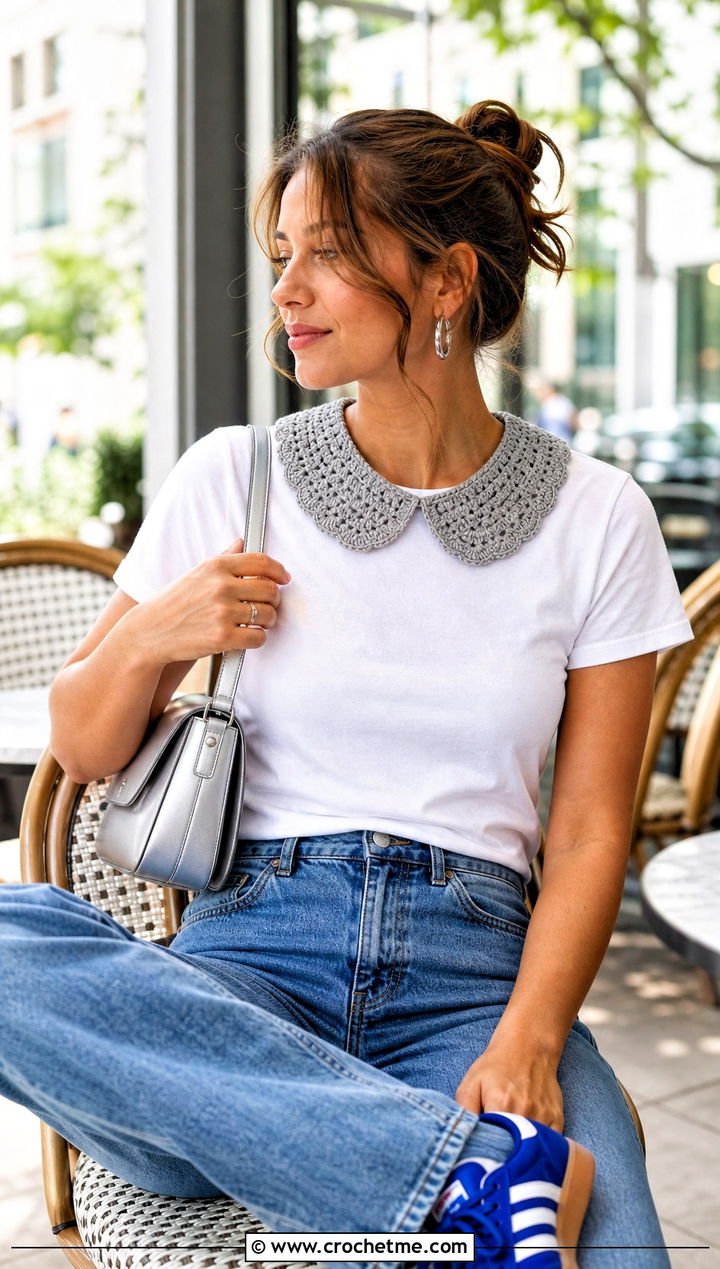 Gray Peter Pan Crochet Collar With White T Shirt And Jeans - 15 Gray Crochet Collar outfit ideas