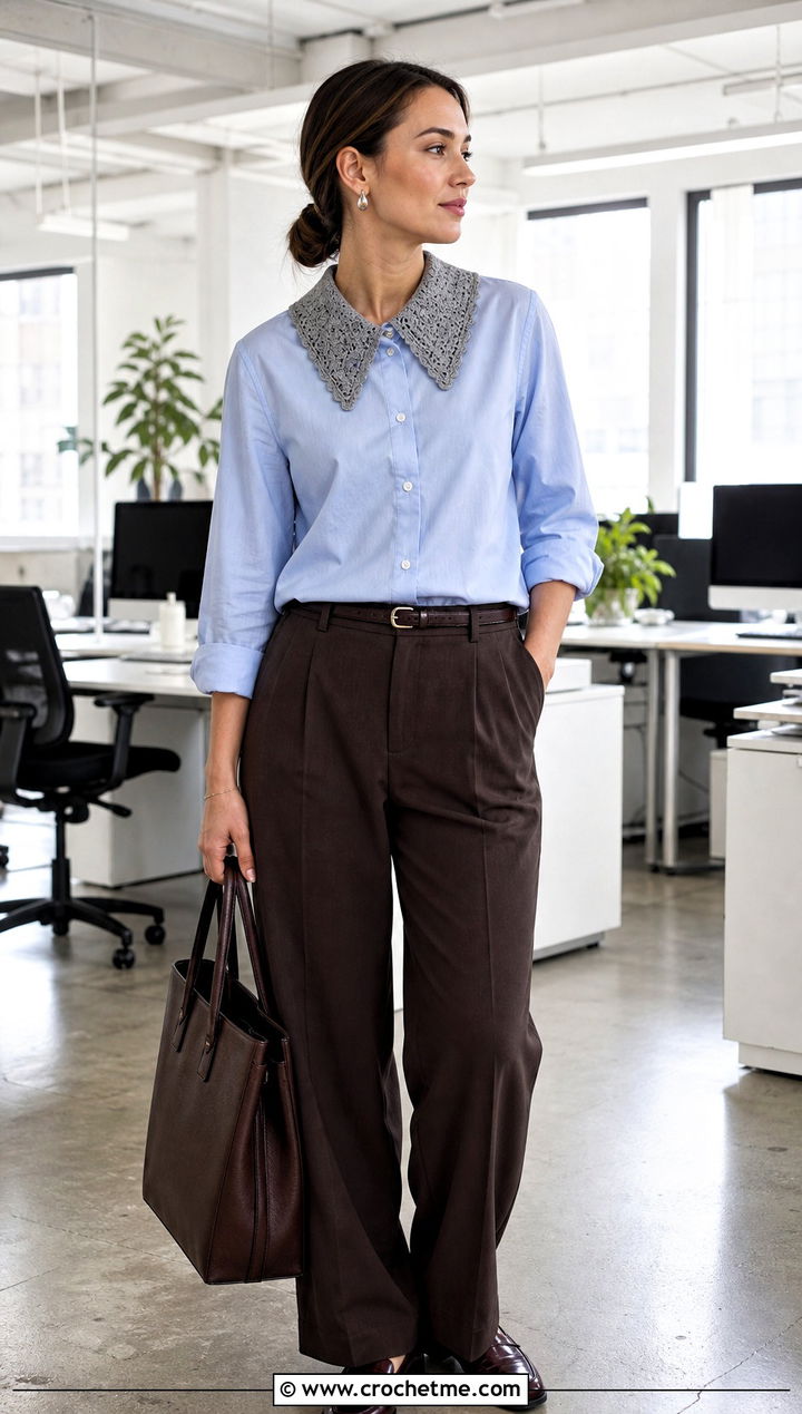 Gray Pointed Crochet Collar With Button Down Shirt And Tailored Pants - 15 Gray Crochet Collar outfit ideas