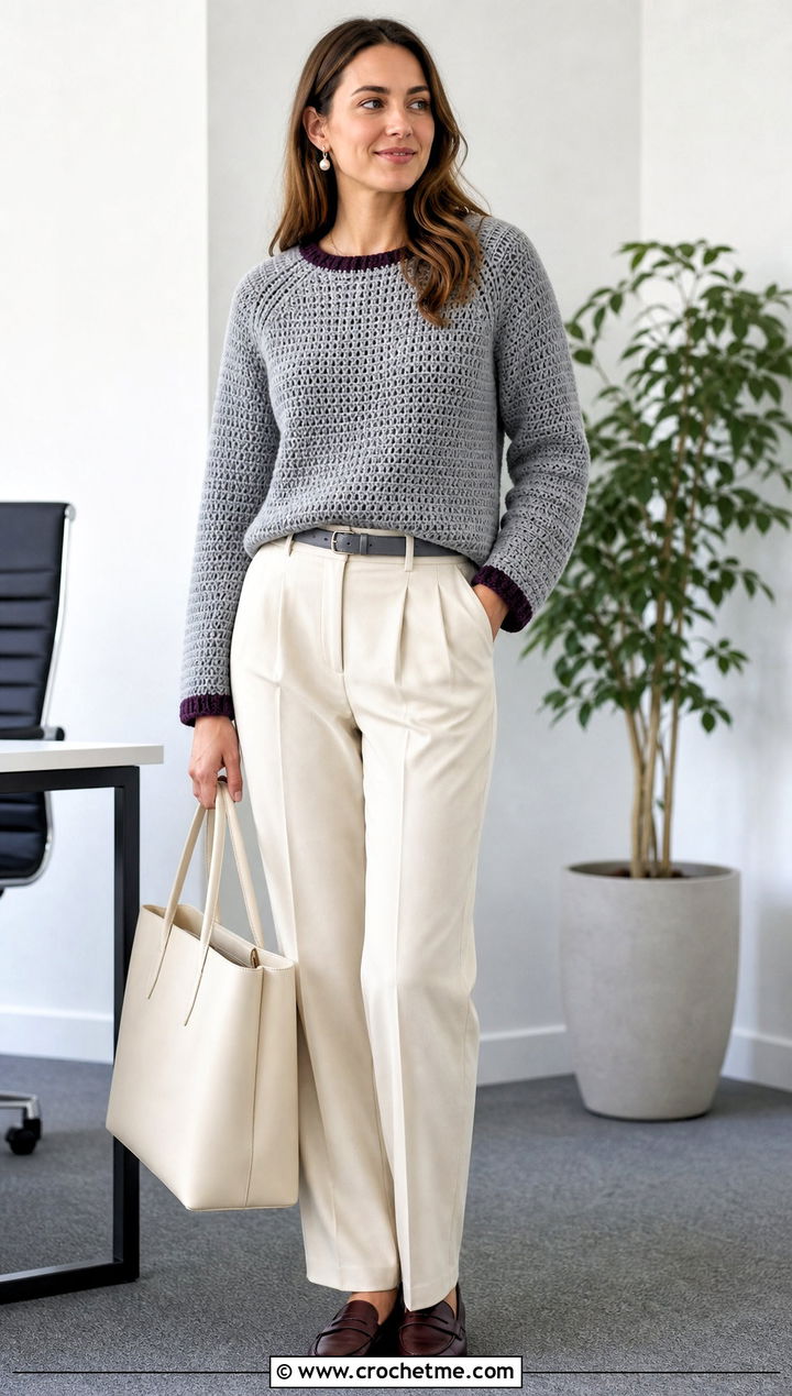 Gray Raglan Crochet Sweater With Pleated Trousers - 15 Gray Crochet Sweater Design outfit ideas