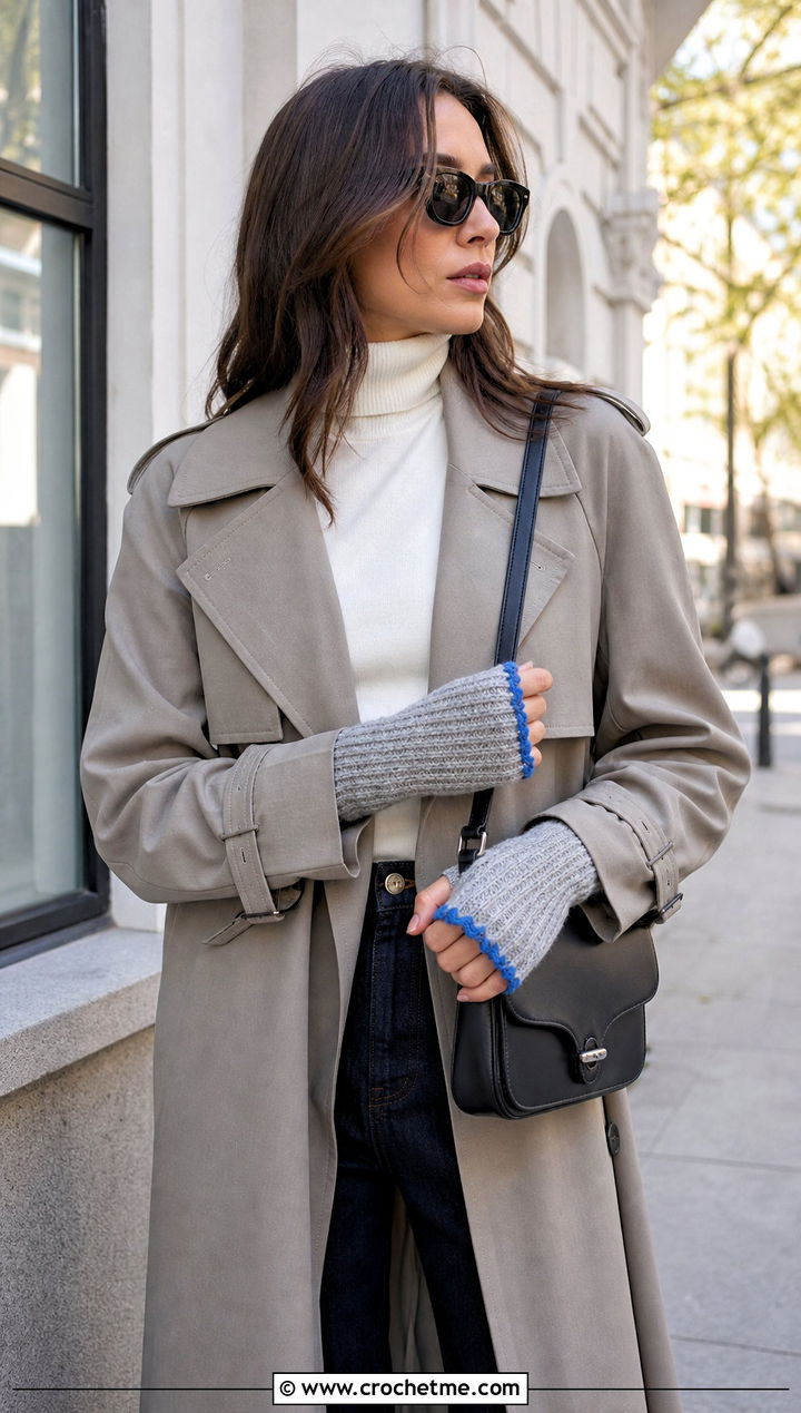 Gray Ribbed Fingerless Gloves With Trench Coat - 15 Gray Crochet Gloves outfit ideas