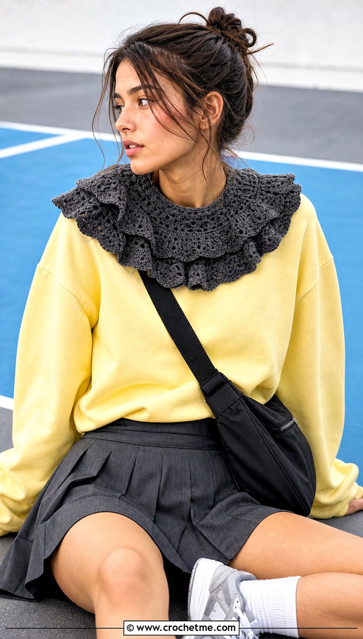 Gray Ruffled Crochet Collar With Sweatshirt And Pleated Skirt - 15 Gray Crochet Collar outfit ideas