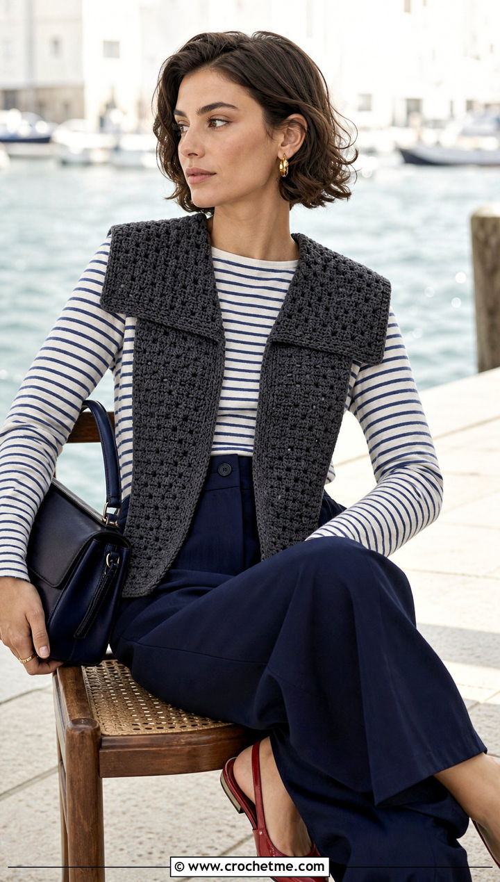 Gray Sailor Crochet Collar With Striped Sweater And Trousers - 15 Gray Crochet Collar outfit ideas