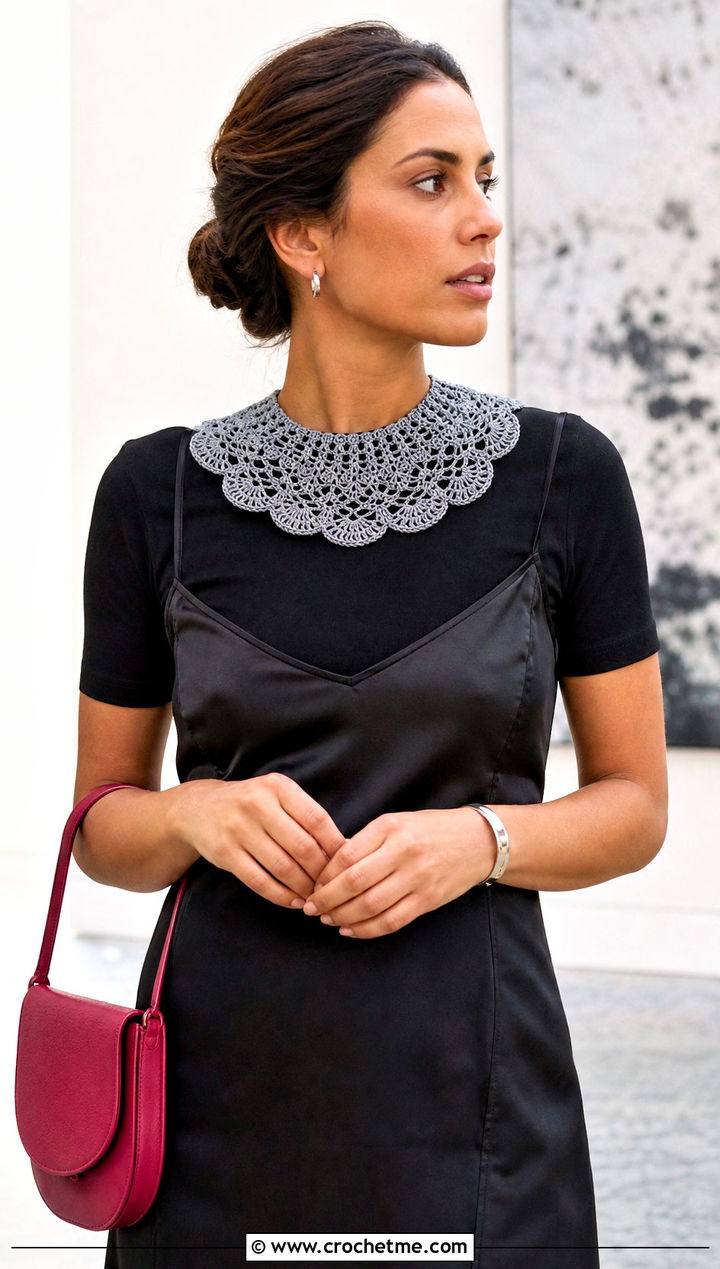 Gray Scalloped Lace Crochet Collar With Black Slip Dress - 15 Gray Crochet Collar outfit ideas