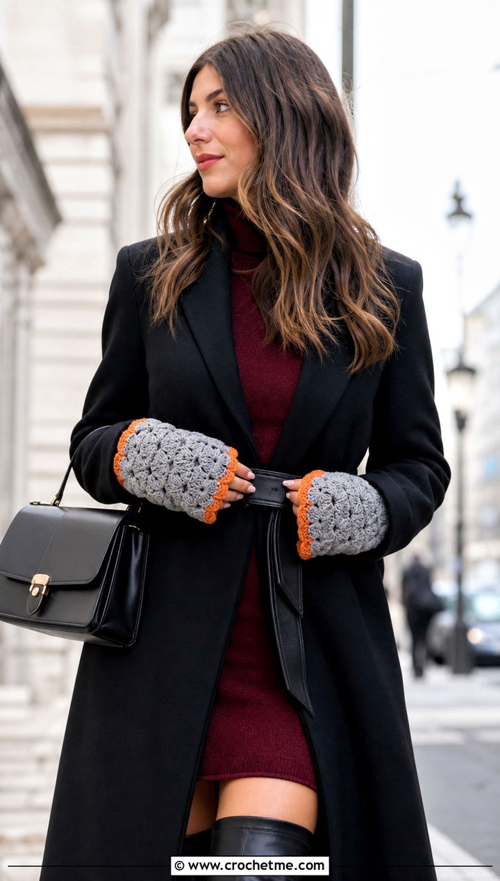 Gray Shell Stitch Gloves With Sweater Dress - 15 Gray Crochet Gloves outfit ideas