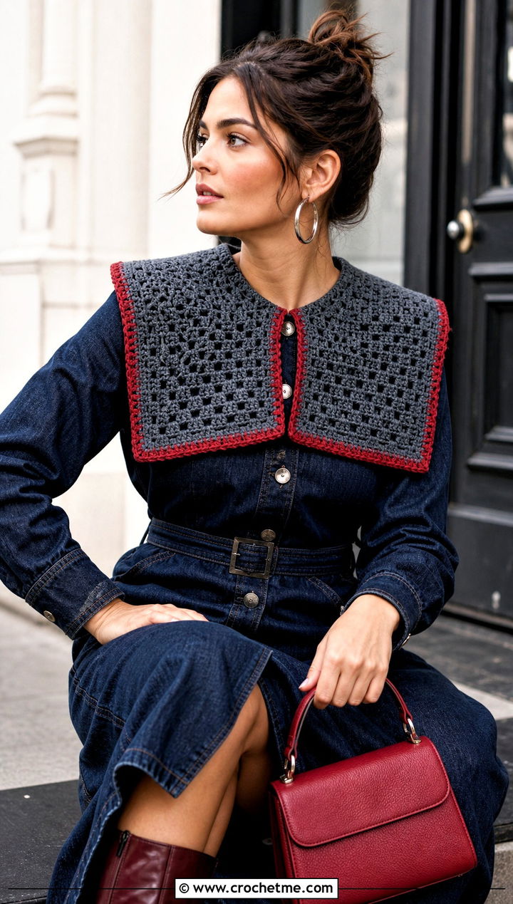 Gray Square Crochet Collar With Denim Dress And Boots - 15 Gray Crochet Collar outfit ideas