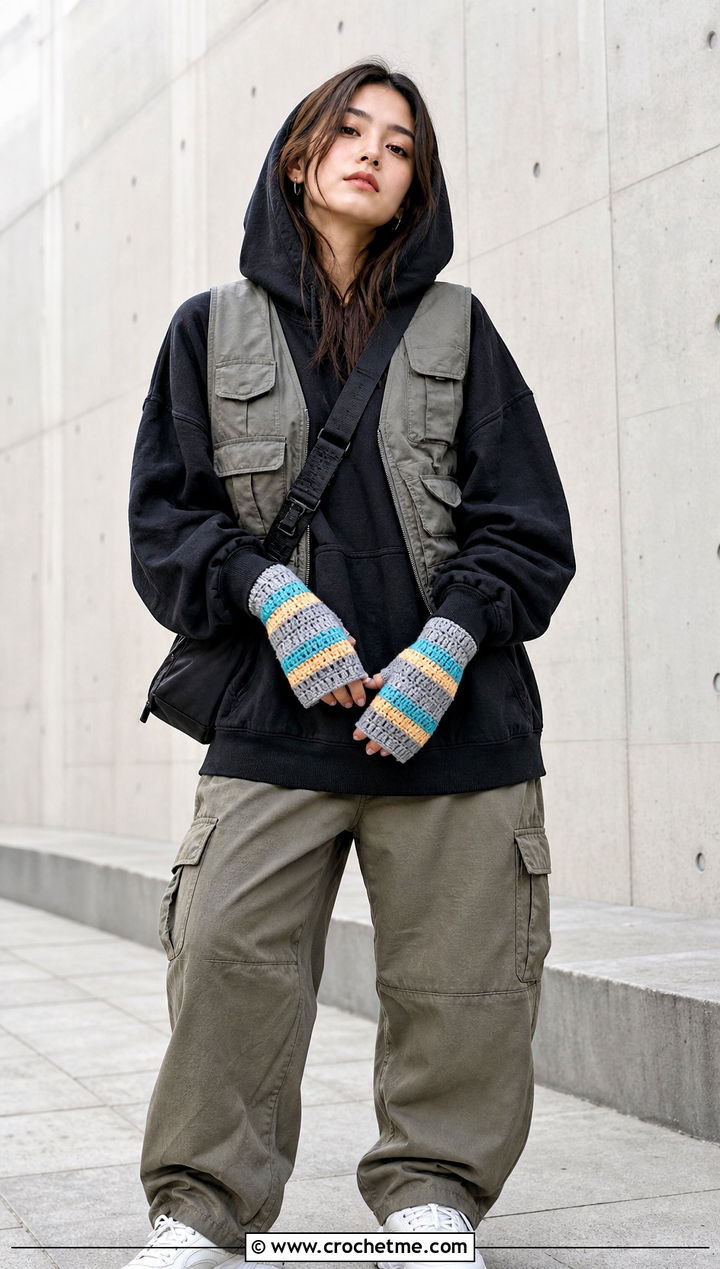 Gray Striped Crochet Gloves With Hoodie And Cargo Pants - 15 Gray Crochet Gloves outfit ideas