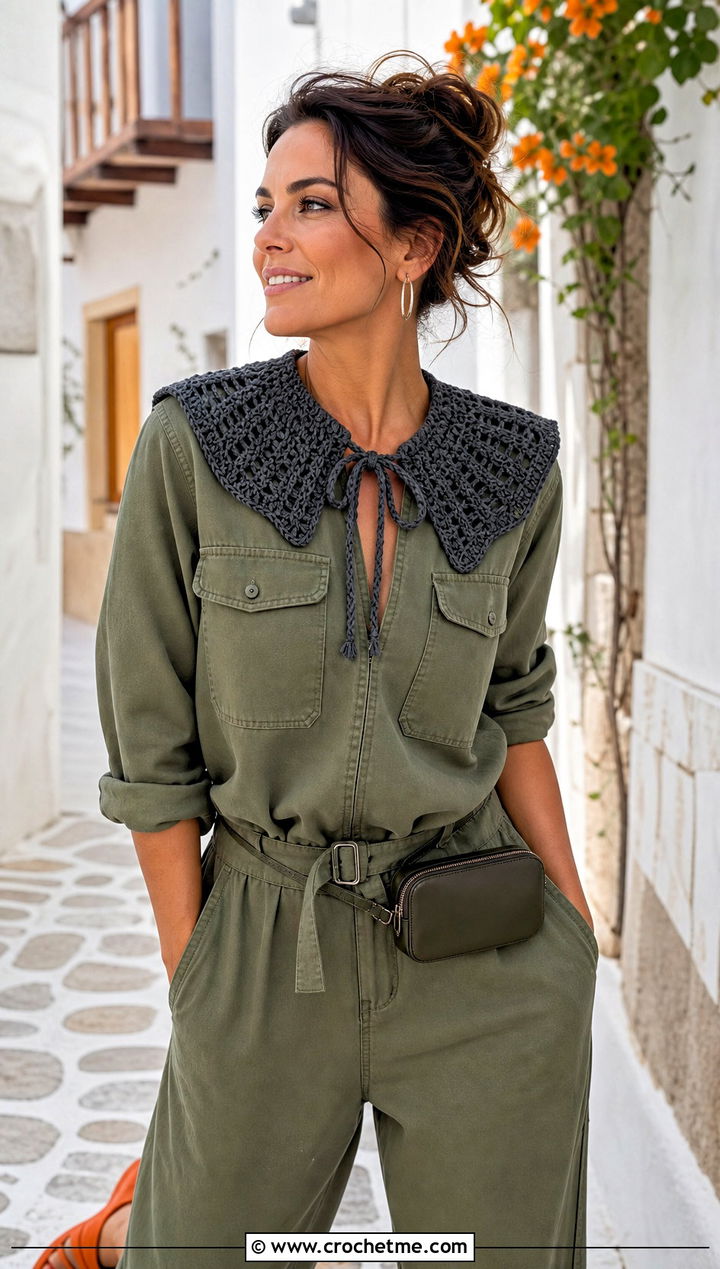 Gray Tie Front Crochet Collar With Utility Jumpsuit - 15 Gray Crochet Collar outfit ideas