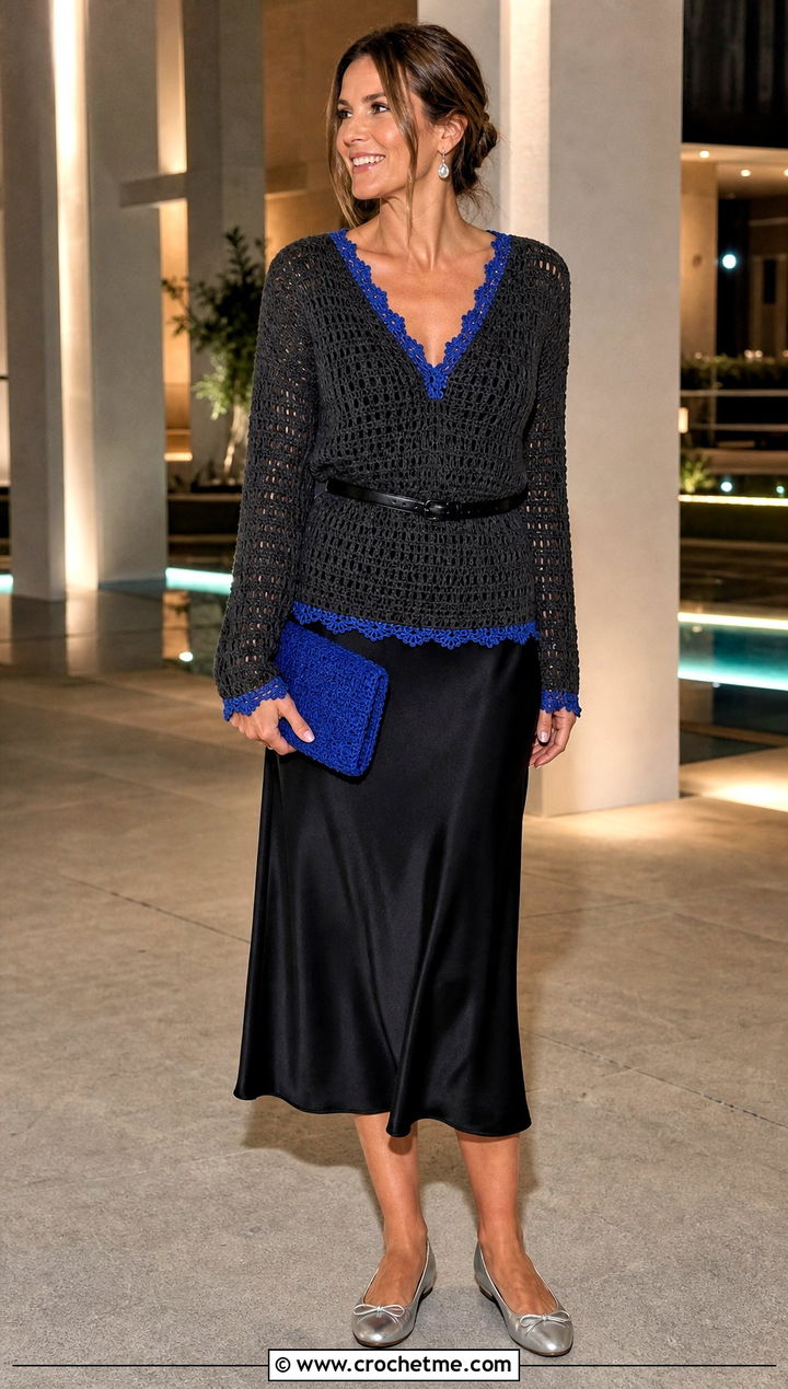 Gray V Neck Crochet Sweater Over A Slip Dress - 15 black and gray crochet sweater outfit ideas