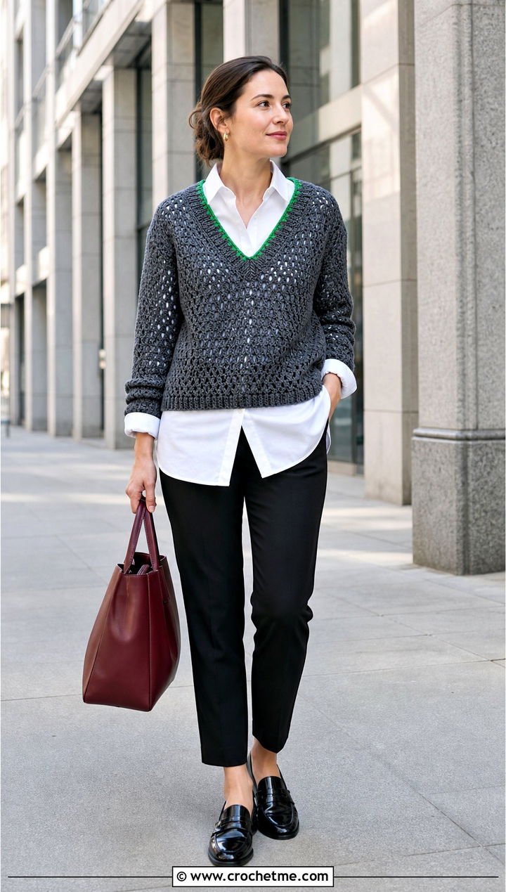 Gray V Neck Crochet Sweater With White Shirt - 15 Gray Crochet Sweater Design outfit ideas