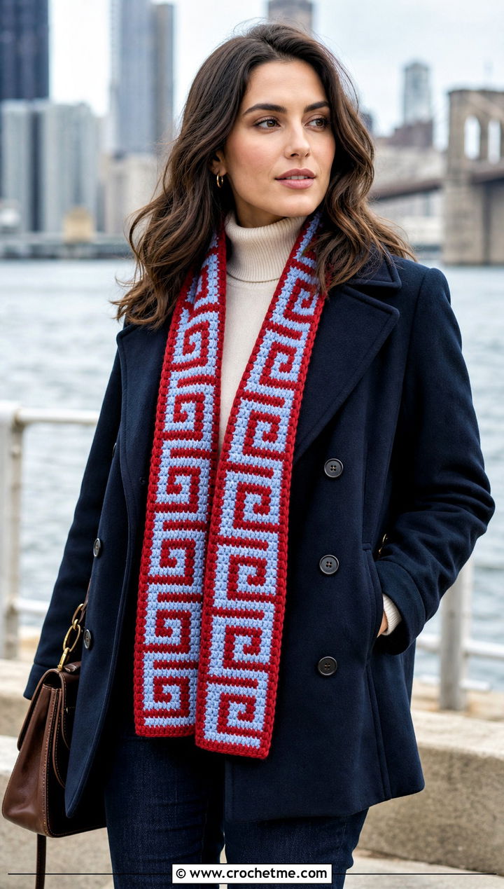 Greek Key Mosaic Crochet Scarf With Peacoat - 25 Mosaic Crochet Scarf outfit ideas