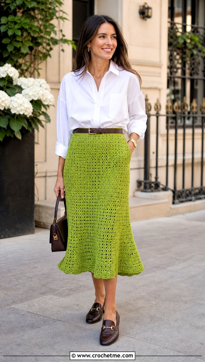 Green A Line Crochet Midi Skirt With White Shirt - 35 green crochet skirt outfit ideas