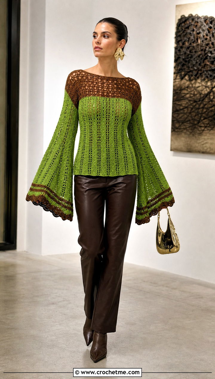 Green And Brown Bell Sleeve Crochet Top With Leather Pants - 25 Green And Brown Crochet Top outfit ideas