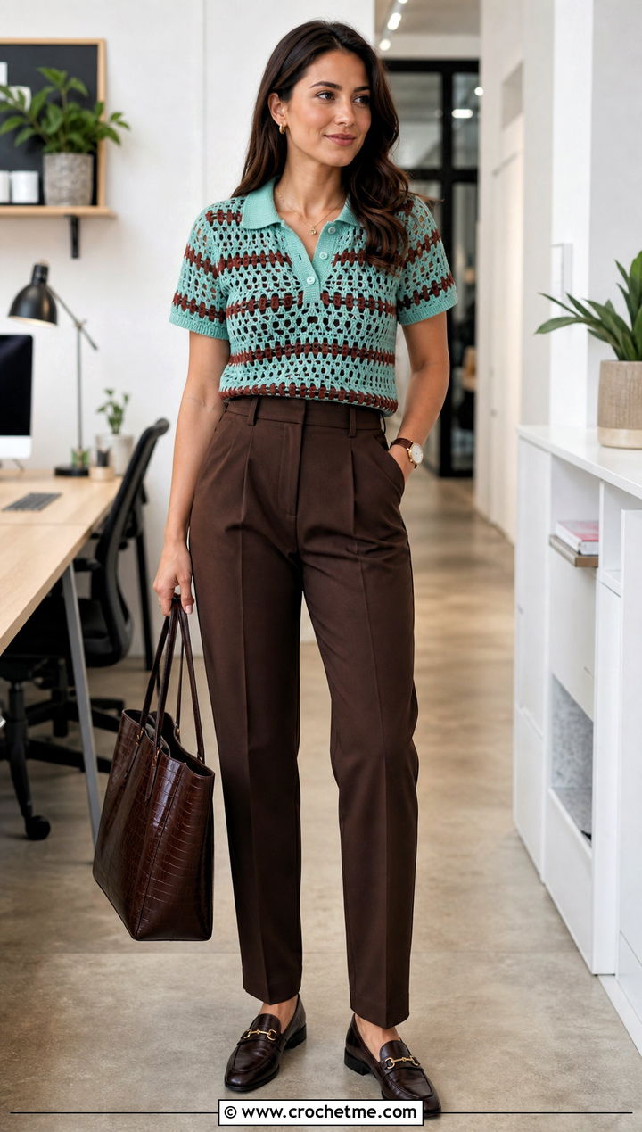 Green And Brown Crochet Polo Top With Tailored Trousers - 25 Green And Brown Crochet Top outfit ideas