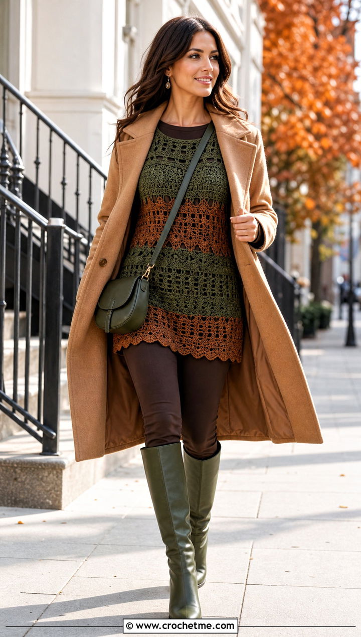 Green And Brown Crochet Tunic Top With Leggings And Boots - 25 Green And Brown Crochet Top outfit ideas