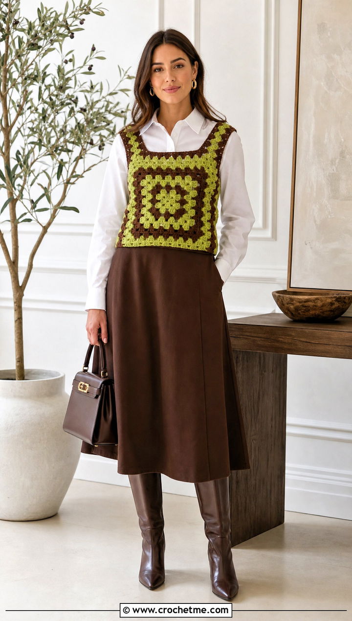 Green And Brown Crochet Vest Top With Button Down Shirt And Midi Skirt - 25 Green And Brown Crochet Top outfit ideas
