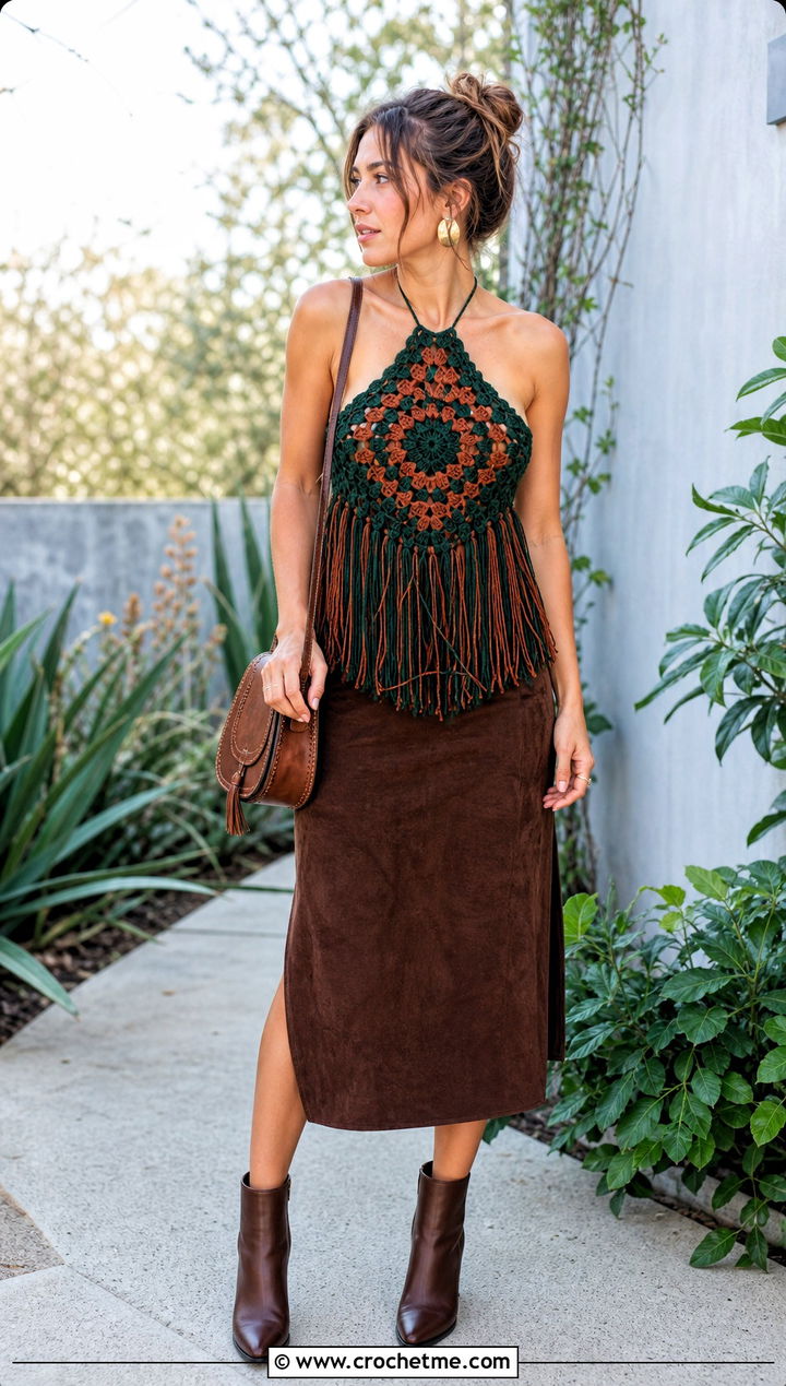 Green And Brown Fringed Crochet Halter Top With Suede Skirt - 25 Green And Brown Crochet Top outfit ideas