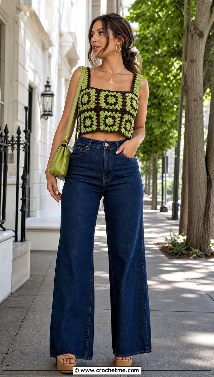 Green And Brown Granny Square Crochet Crop Top With Wide Leg Jeans - 25 Green And Brown Crochet Top outfit ideas