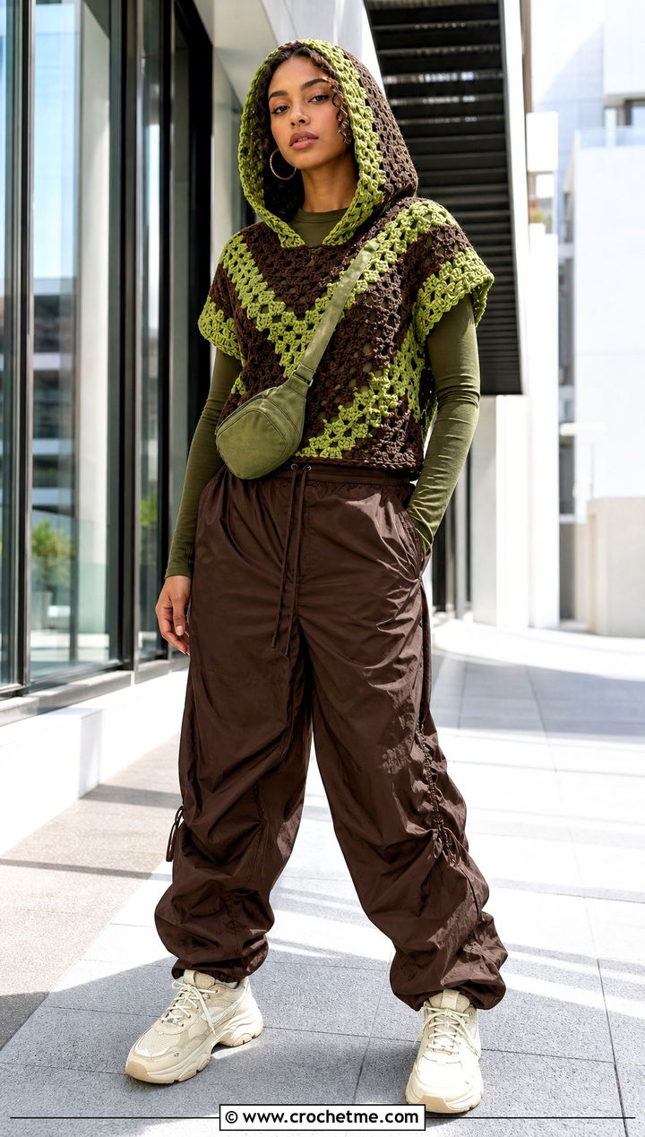 Green And Brown Hooded Crochet Top With Parachute Pants - 25 Green And Brown Crochet Top outfit ideas