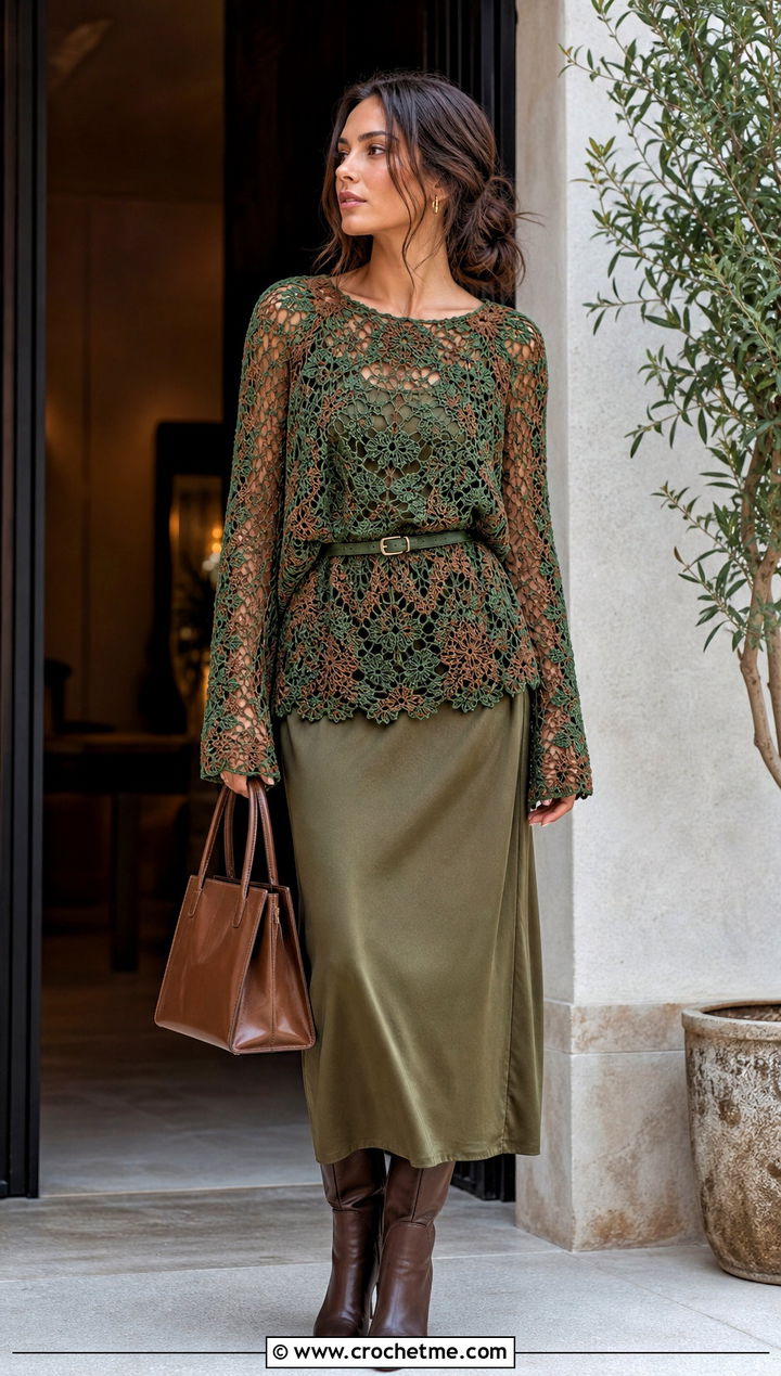 Green And Brown Lace Stitch Crochet Blouse Over A Slip Dress - 25 Green And Brown Crochet Top outfit ideas