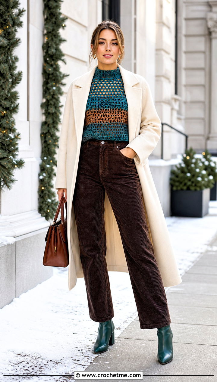 Green And Brown Mock Neck Crochet Top With Corduroy Pants - 25 Green And Brown Crochet Top outfit ideas