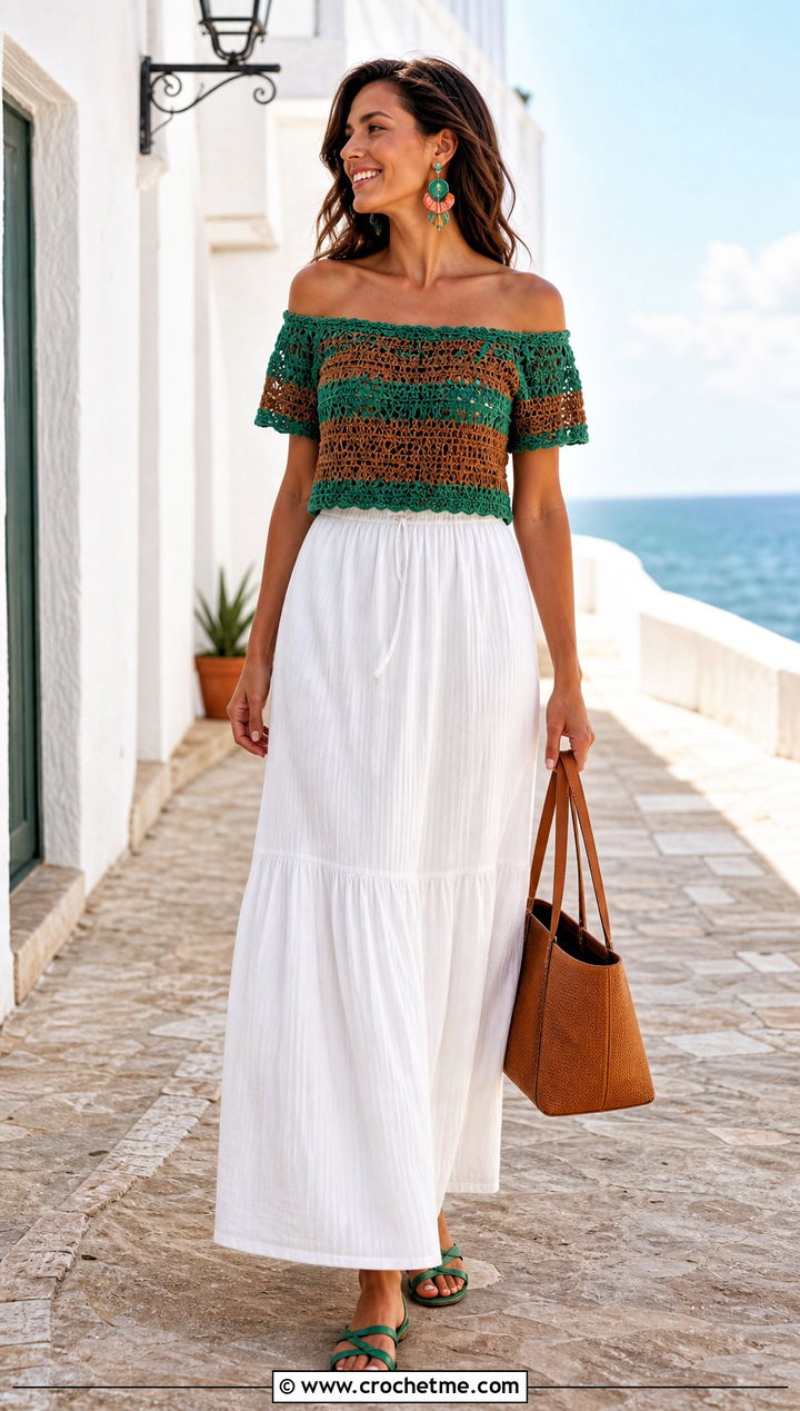 Green And Brown Off Shoulder Crochet Top With White Maxi Skirt - 25 Green And Brown Crochet Top outfit ideas
