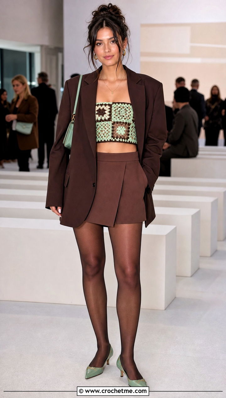 Green And Brown Patchwork Crochet Bandeau Top With Oversized Blazer - 25 Green And Brown Crochet Top outfit ideas