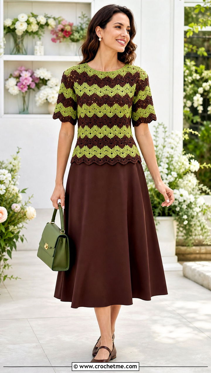 Green And Brown Scalloped Crochet Top With A Line Midi Skirt - 25 Green And Brown Crochet Top outfit ideas