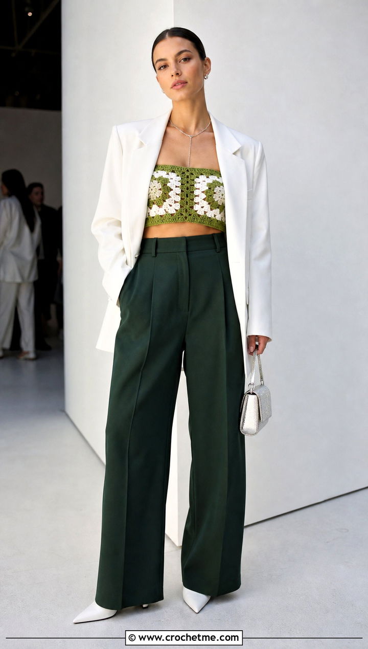 Green And White Crochet Bandeau Top With An Oversized Blazer - 30 green and white crochet top outfit ideas