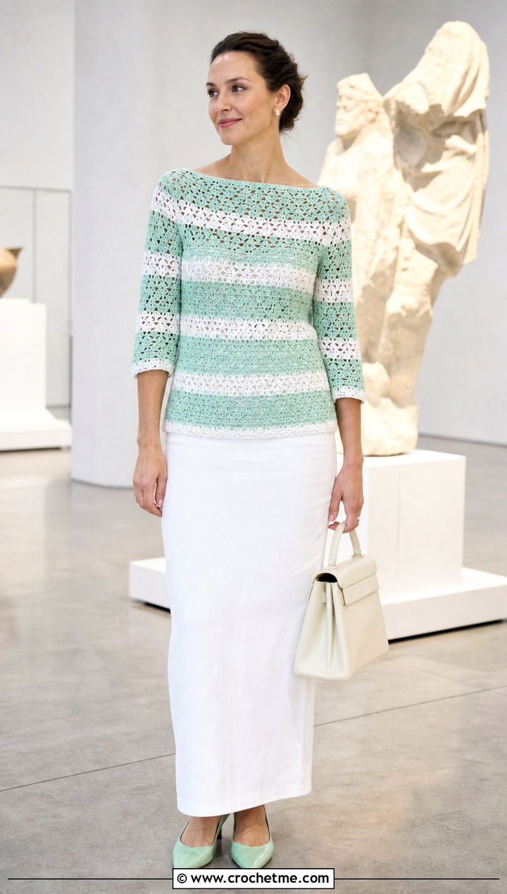 Green And White Crochet Boat Neck Top With A Column Skirt - 30 green and white crochet top outfit ideas
