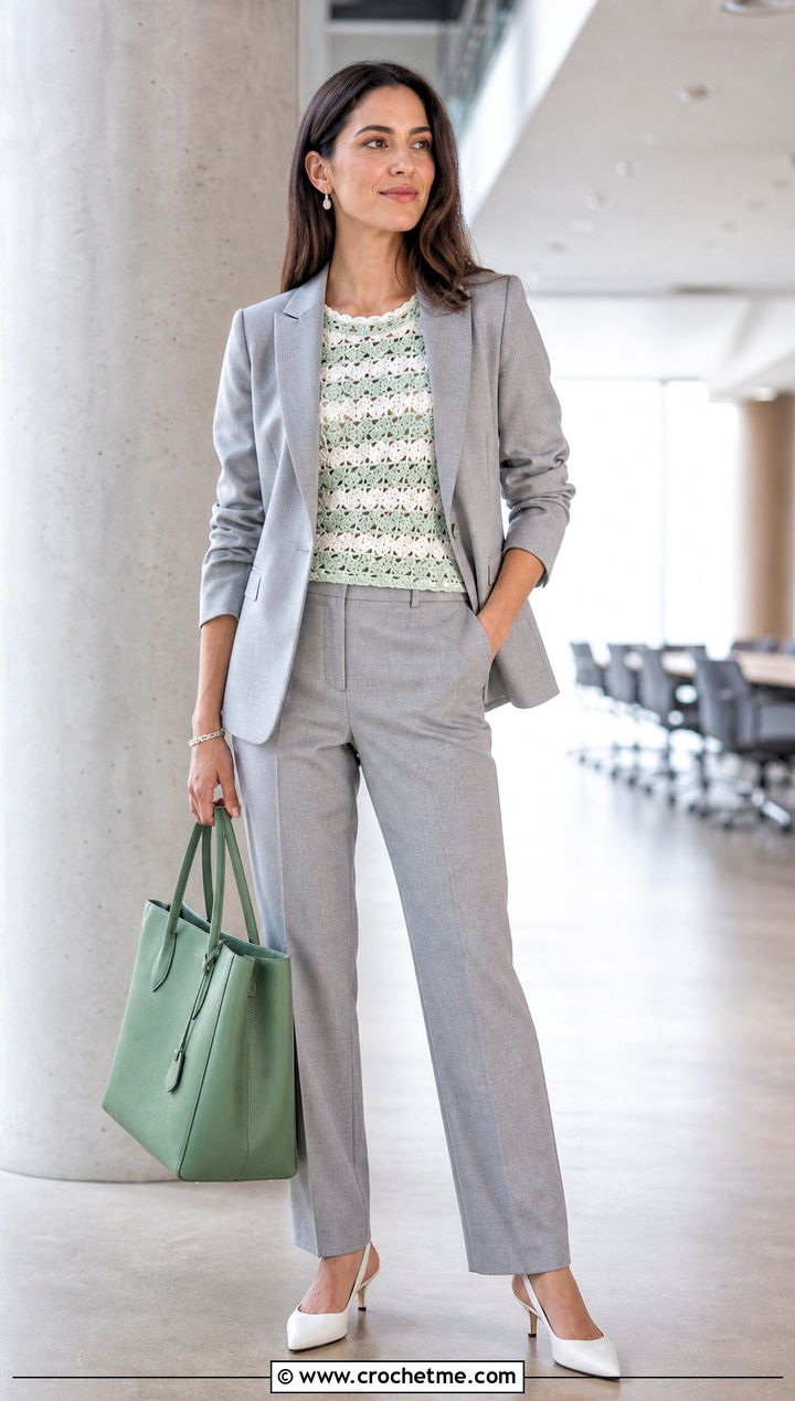 Green And White Crochet Cap Sleeve Top With A Pantsuit - 30 green and white crochet top outfit ideas