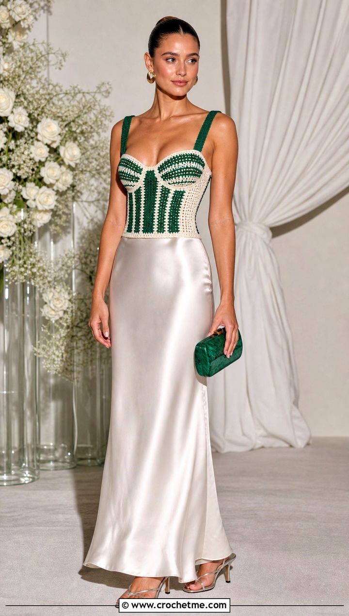 Green And White Crochet Corset Top With Satin Maxi Skirt - 30 green and white crochet top outfit ideas