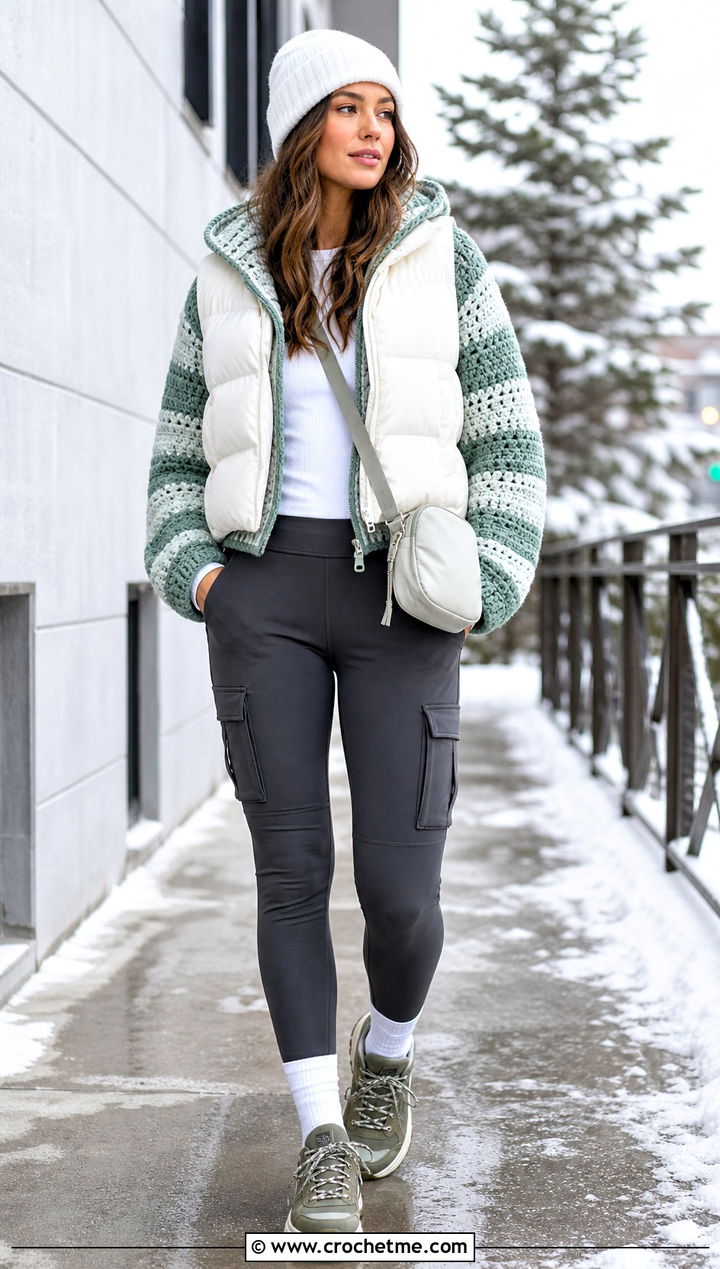 Green And White Crochet Hoodie Top With A Puffer Vest - 30 green and white crochet top outfit ideas