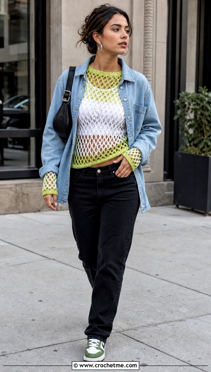 Green And White Crochet Mesh Top With A Denim Shirt - 30 green and white crochet top outfit ideas