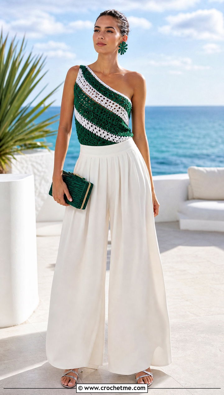Green And White Crochet One Shoulder Top With Palazzo Pants - 30 green and white crochet top outfit ideas