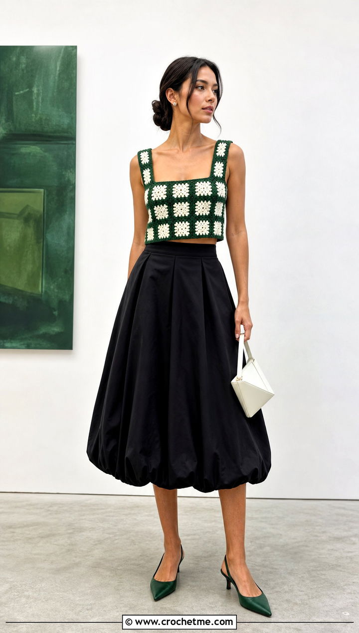 Green And White Crochet Square Neck Top With A Bubble Skirt - 30 green and white crochet top outfit ideas