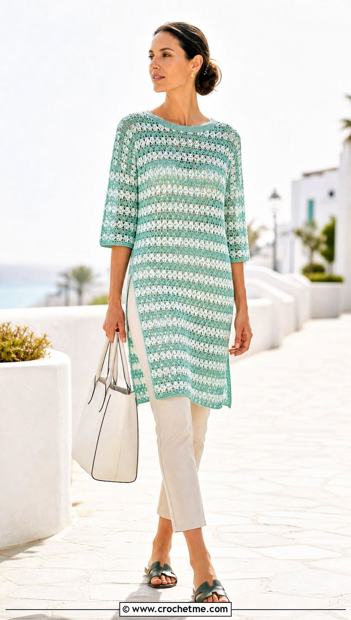 Green And White Crochet Tunic Top With Slim Pants - 30 green and white crochet top outfit ideas