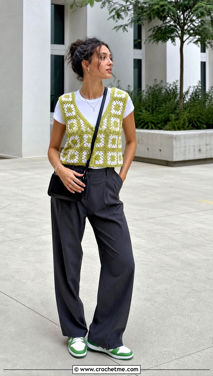 Green And White Crochet Vest Top With Pleated Pants - 30 green and white crochet top outfit ideas