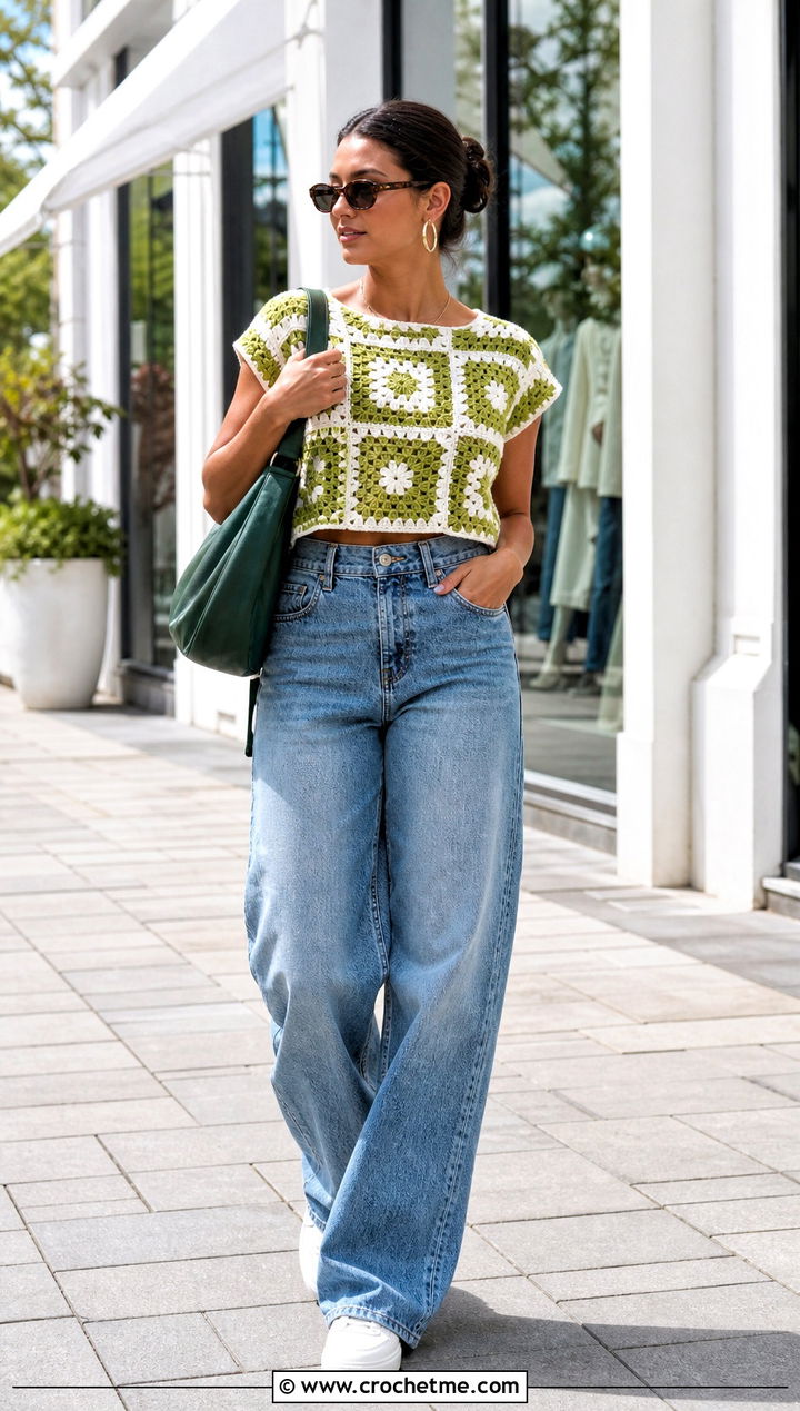 Green And White Granny Square Crochet Top With Wide Leg Jeans - 30 green and white crochet top outfit ideas