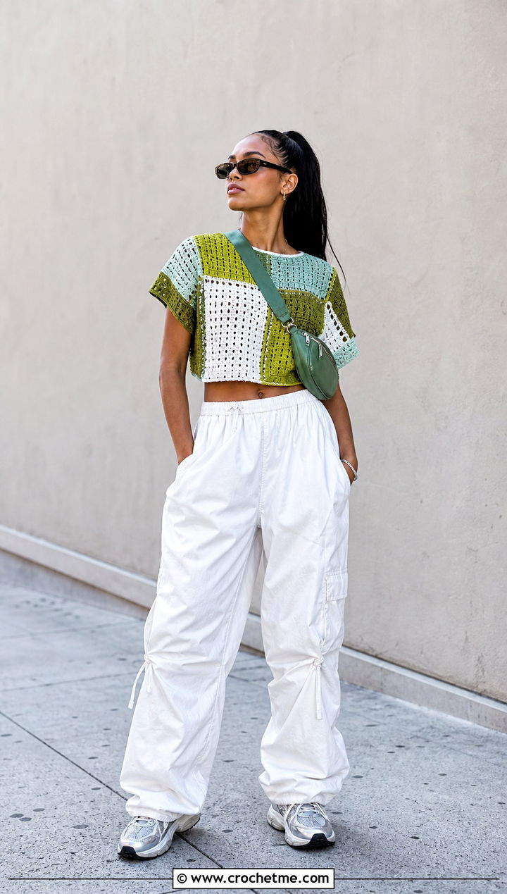 Green And White Patchwork Crochet Top With Parachute Pants - 30 green and white crochet top outfit ideas