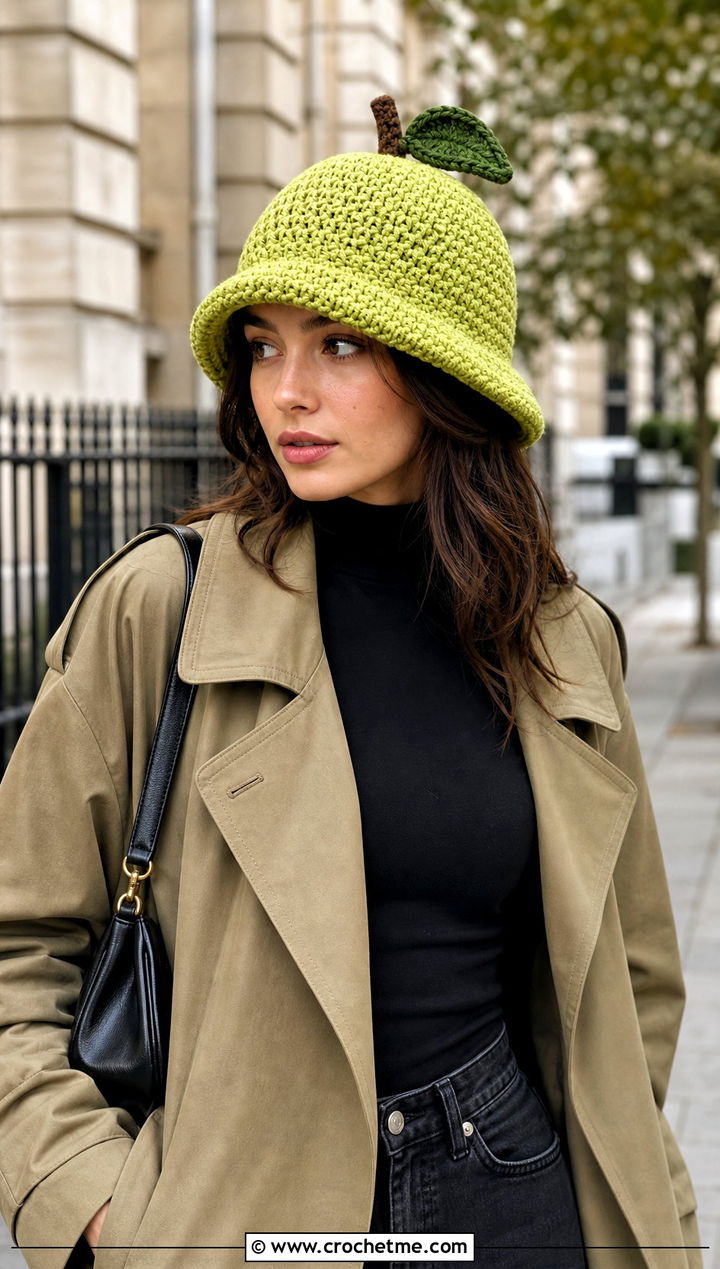 Green Apple Crochet Fruit Bucket Hat With Trench Coat - 25 crochet fruit bucket hat outfit ideas