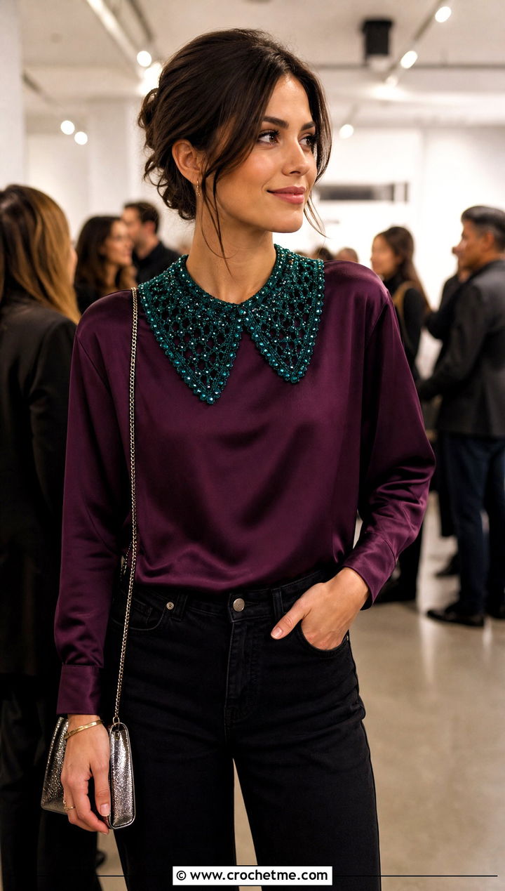Green Beaded Crochet Collar With Satin Blouse And Black Jeans - 15 Green Crochet Collar outfit ideas