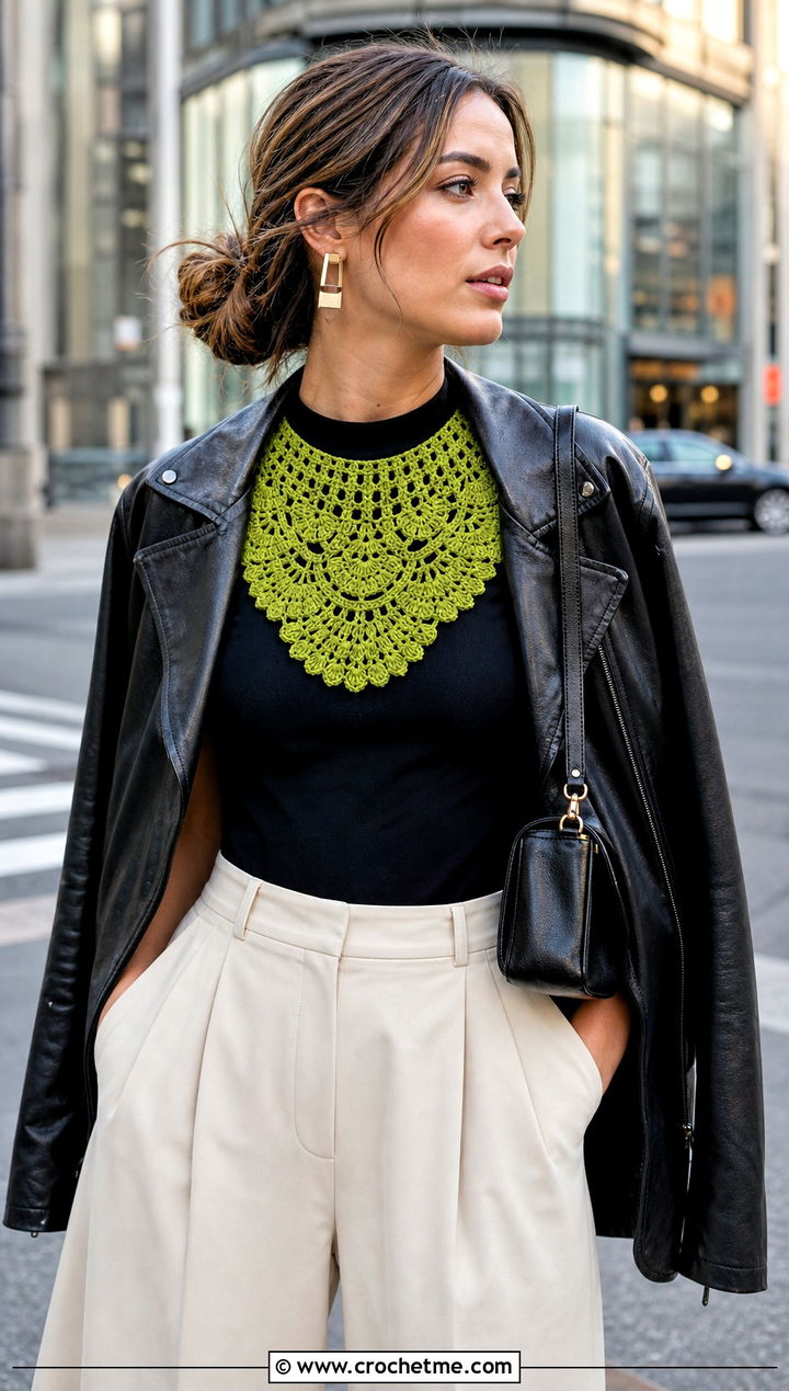 Green Bib Crochet Collar With Leather Jacket And Wide Leg Pants - 15 Green Crochet Collar outfit ideas