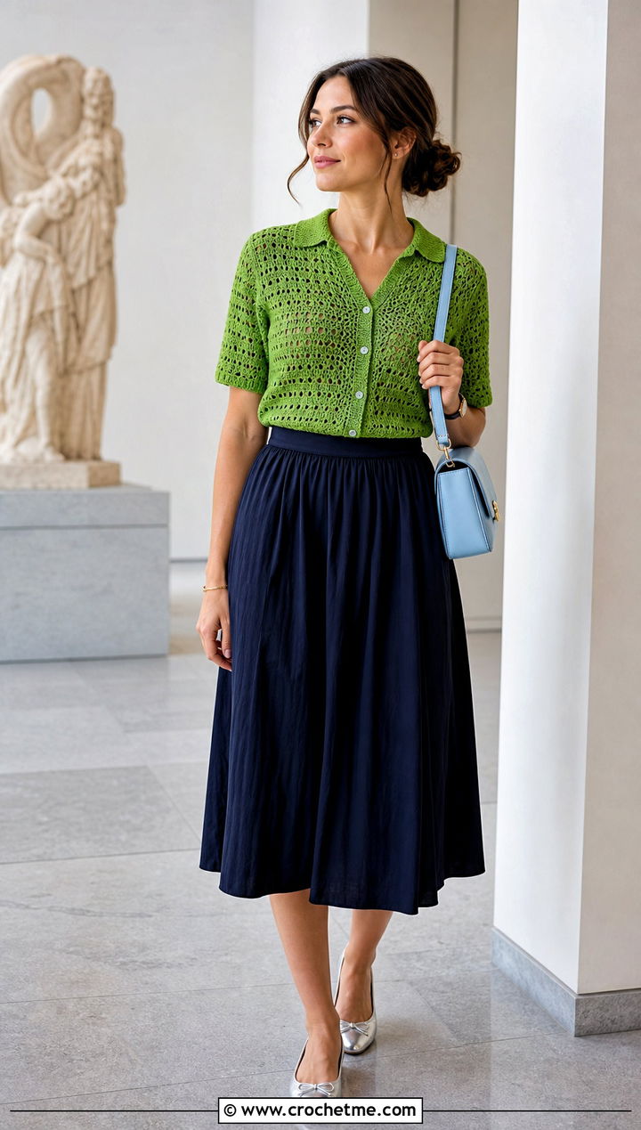 Green Button Front Crochet Top With Pleated Skirt - 15 green crochet top on hanger outfit ideas