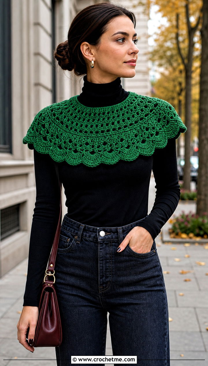 Green Cape Crochet Collar With Turtleneck And Straight Leg Jeans - 15 Green Crochet Collar outfit ideas
