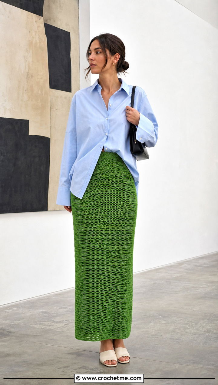 Green Column Crochet Maxi Skirt With Oversized Shirt - 35 green crochet skirt outfit ideas