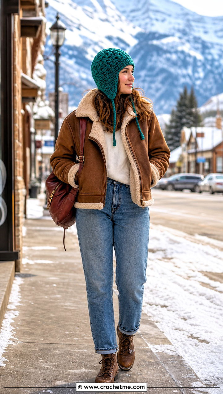 Green Crochet Aviator Hat With Shearling Jacket And Jeans - 35 green crochet hat outfit ideas