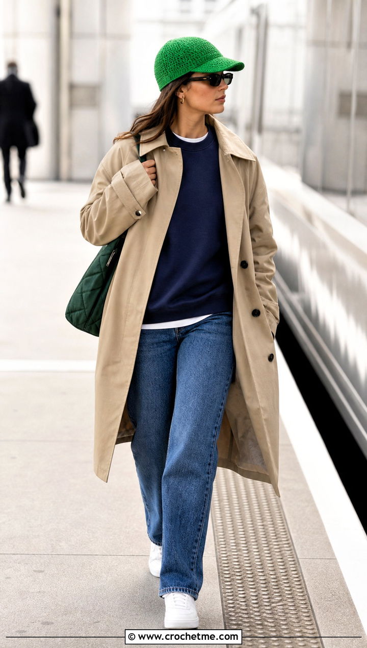 Green Crochet Baseball Cap With Trench Coat And Sneakers - 35 green crochet hat outfit ideas
