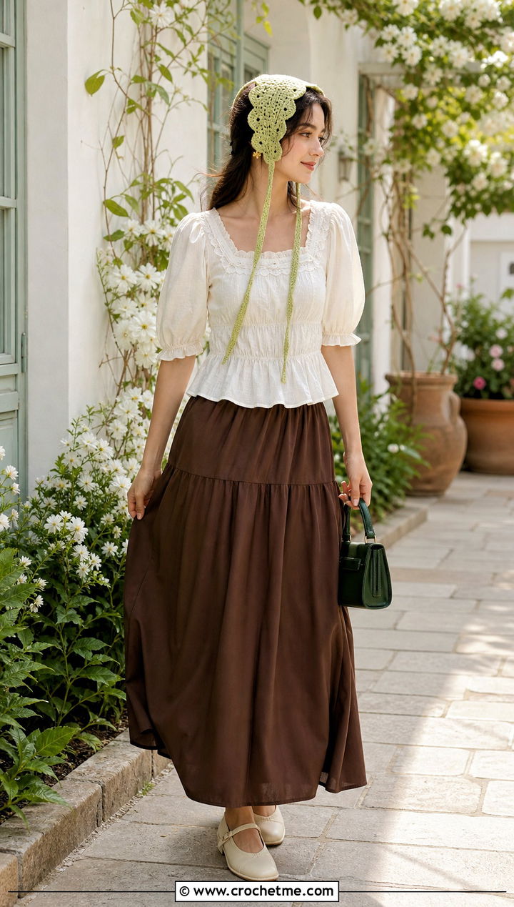 Green Crochet Bonnet With Puff Sleeve Blouse And Maxi Skirt - 35 green crochet hat outfit ideas