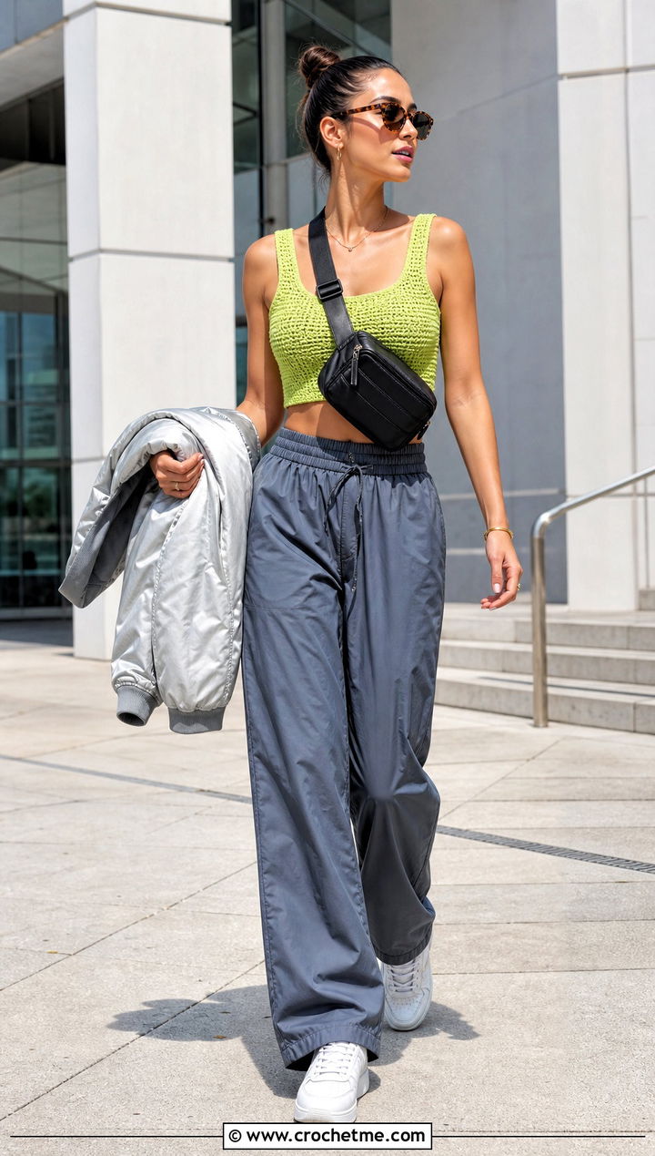 Green Crochet Crop Top With Track Pants - 15 green crochet top on hanger outfit ideas