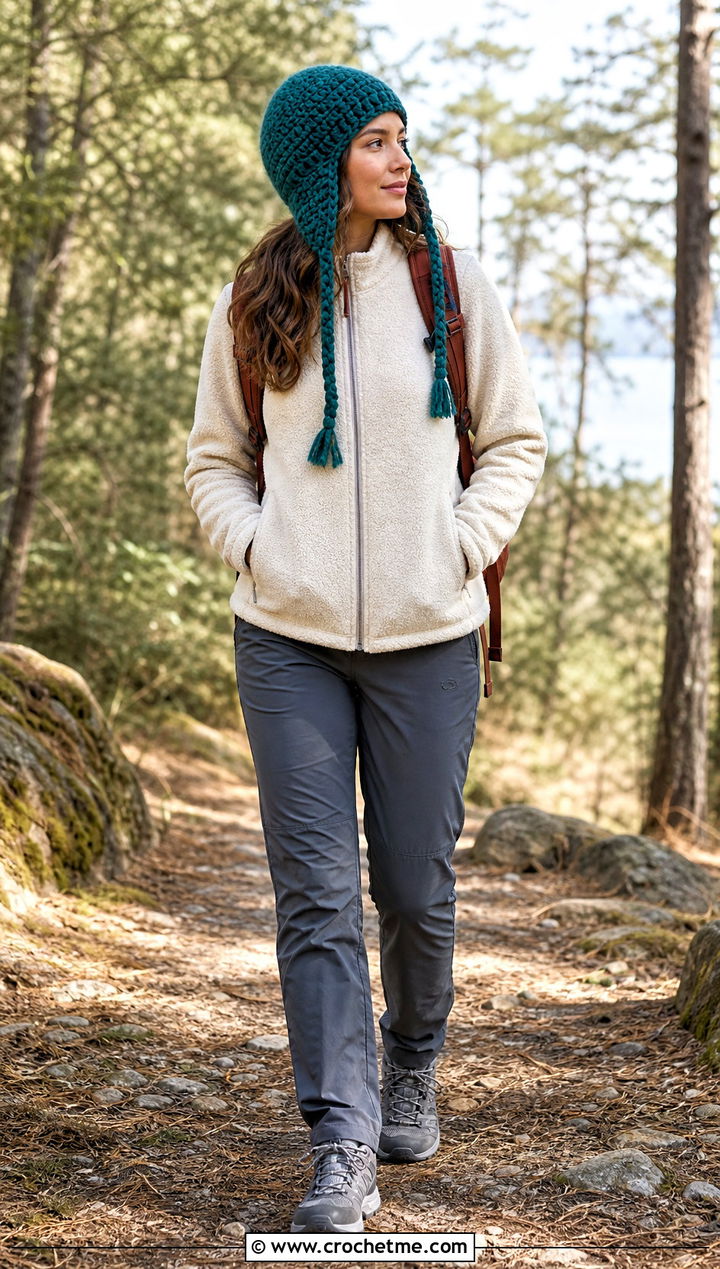 Green Crochet Earflap Hat With Fleece Jacket And Hiking Pants - 35 green crochet hat outfit ideas